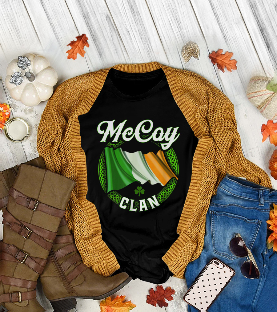 McCoy Clan Irish Surname with Shamrock and Celtic Flag Elements T-Shirt