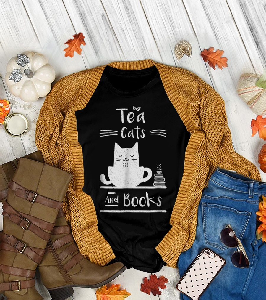 Calm and Cozy Tea Cats Relaxing with Stack of Books T-Shirt