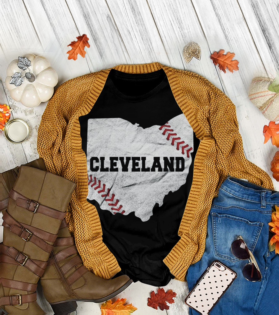 Cleveland Baseball Ohio State Map with Red Stitching T-Shirt