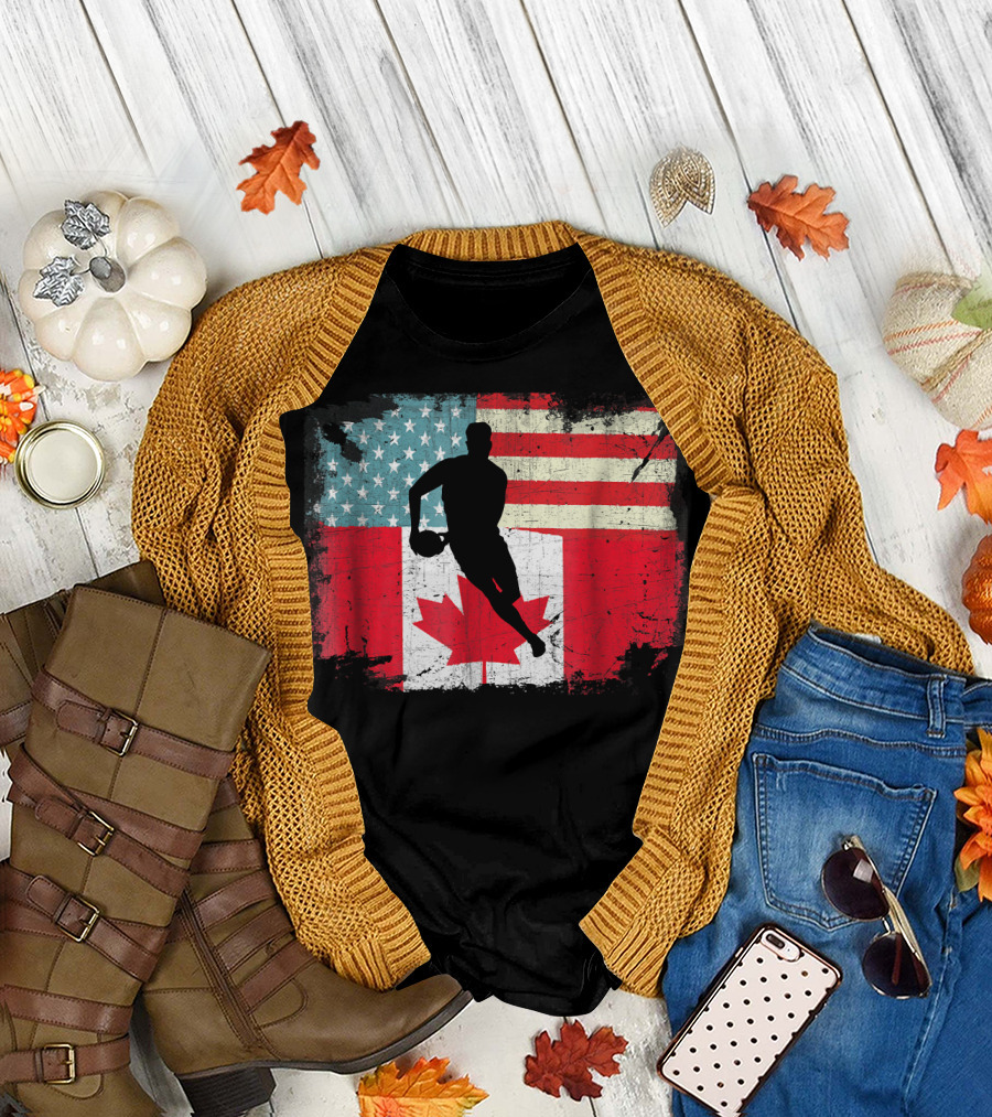 Distressed American and Canadian Flag Rugby T-Shirt