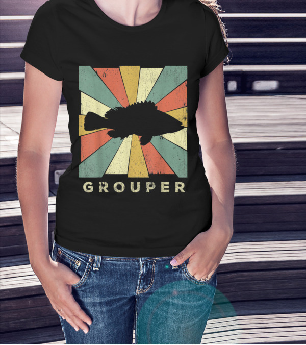 Retro Grouper Fish Silhouette With Vintage Sunburst Background T-Shirt