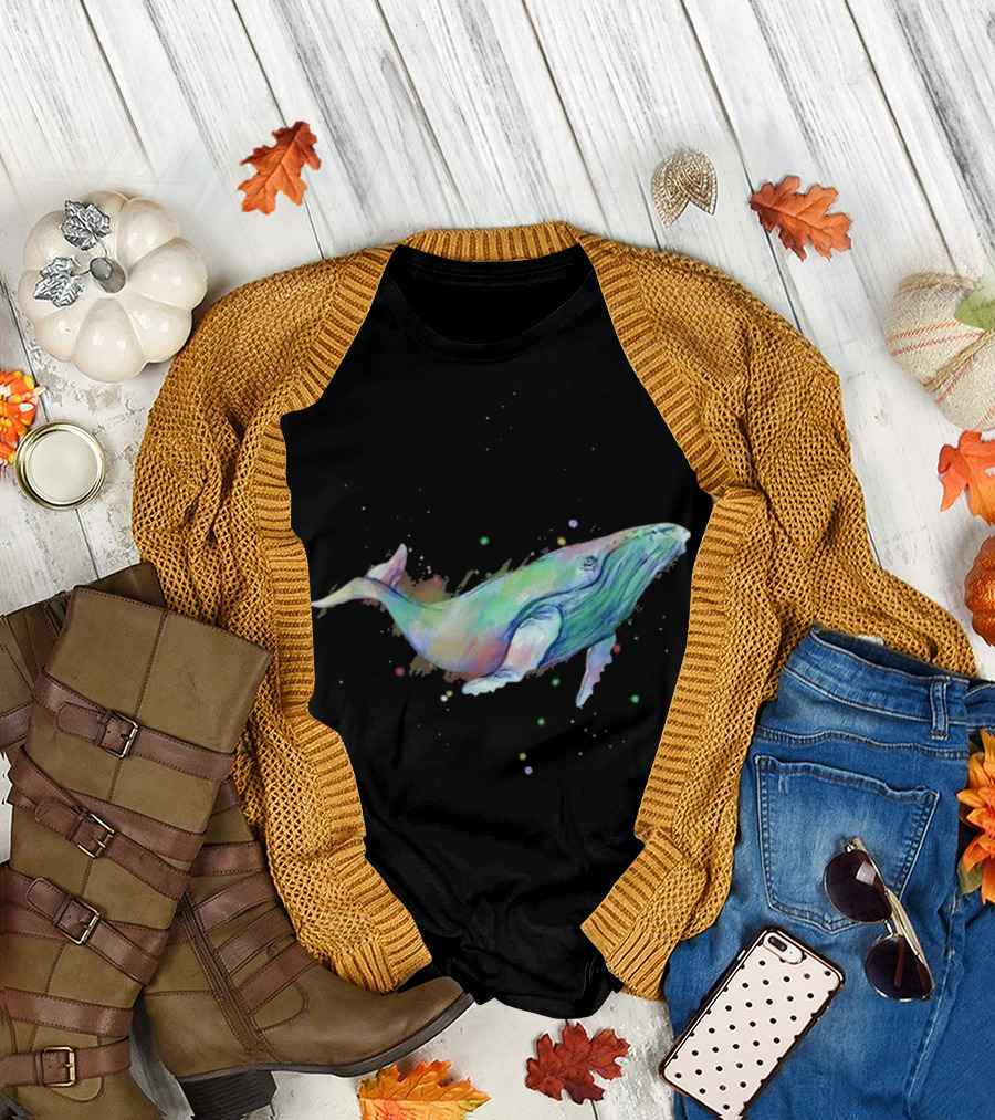 Rainbow Watercolor Humpback Whale Splashing with Colorful Dots T-Shirt