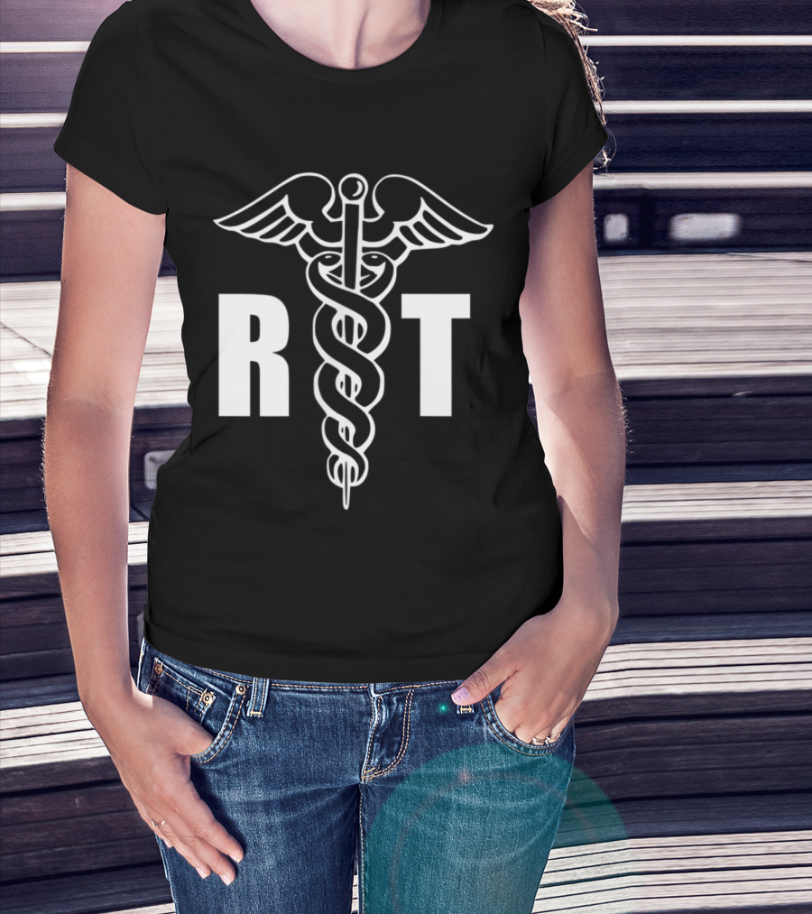 Woman with hands in pockets wearing RT Caduceus Medical Symbol Respiratory Therapist T-Shirt.