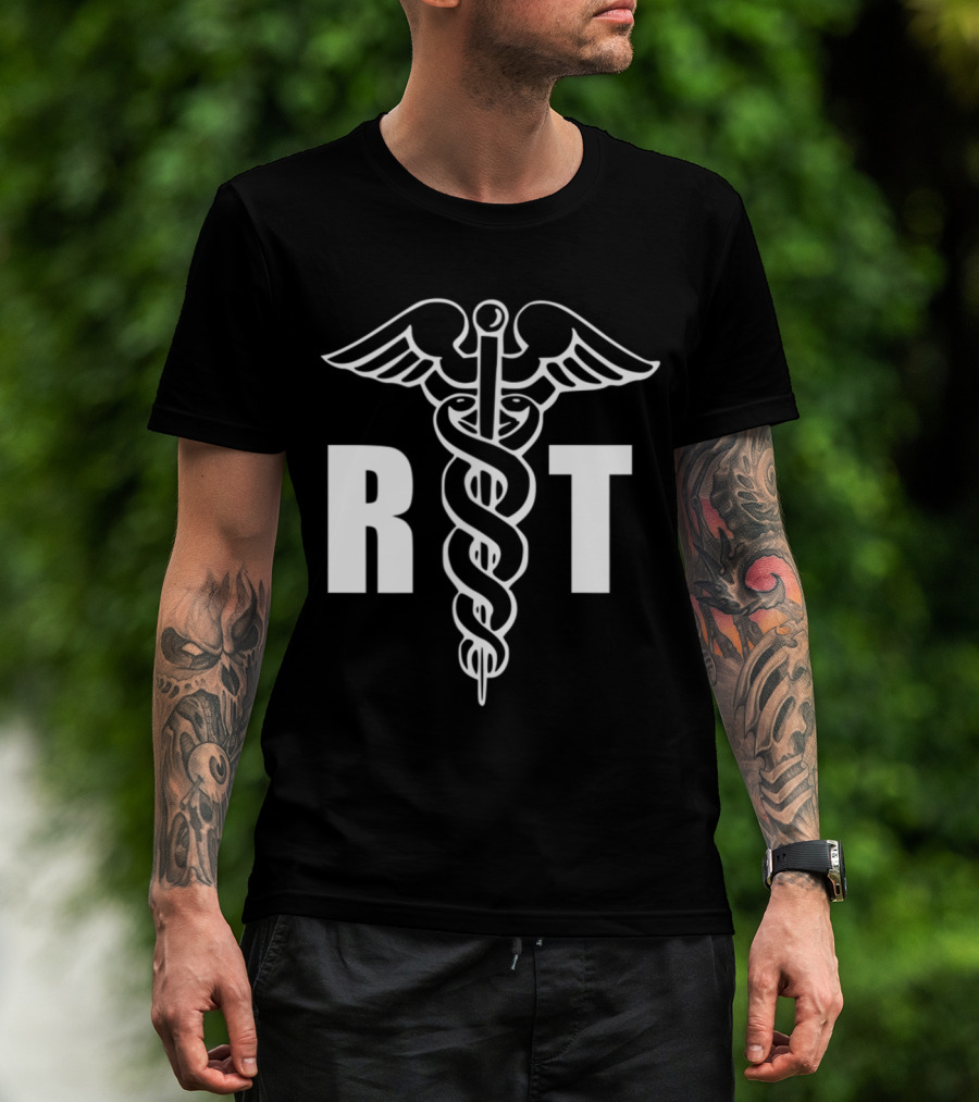 Man with tattoos models RT Caduceus Medical Symbol Respiratory Therapist T-Shirt outdoors.