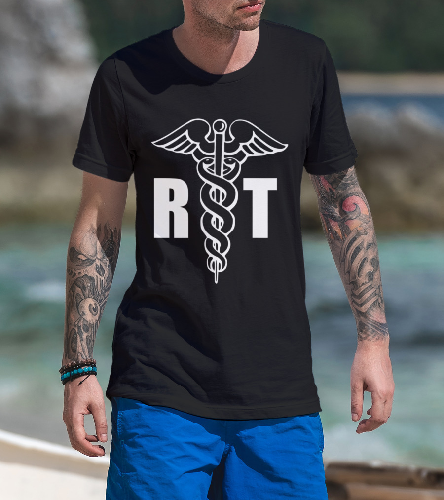 Man with tattoos models RT Caduceus Medical Symbol Respiratory Therapist T-Shirt at beach.