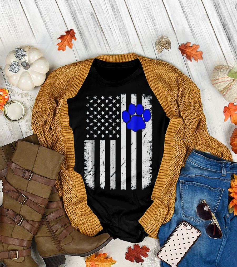 Patriotic Thin Blue Line K9 Paw Print American Flag T-Shirt