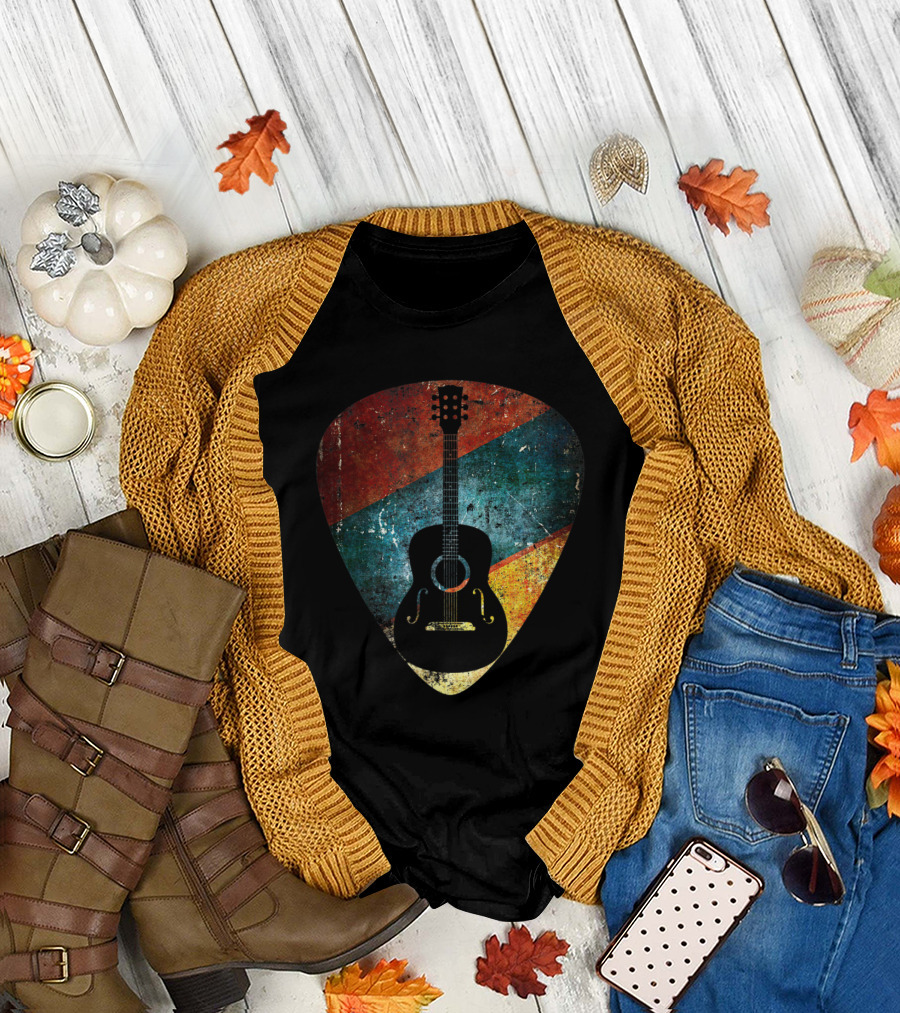 Vintage Acoustic Guitar Silhouette in Distressed Colorful Guitar Pick T-Shirt
