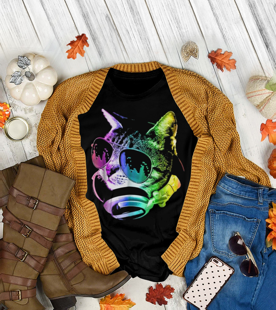 Rainbow Headphones Cat with DJ Glasses Music Equalizer T-Shirt