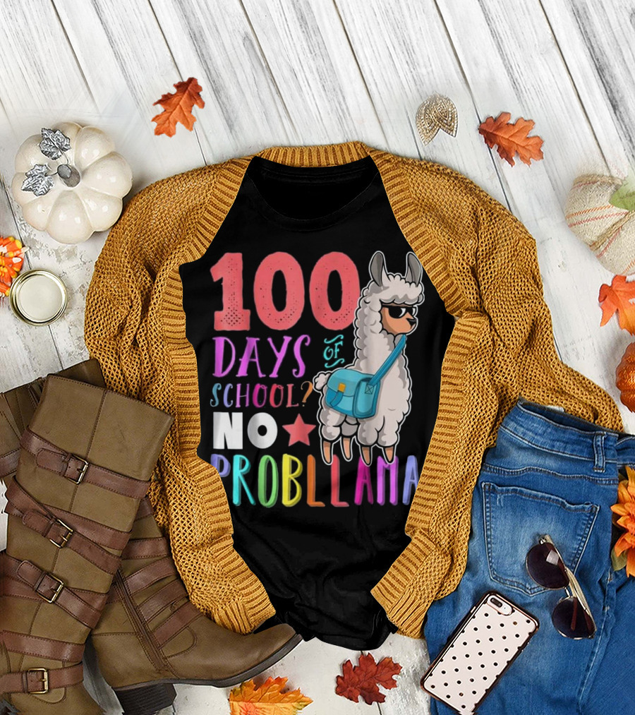 100 Days of School No Probllama Llama with Colorful Star and Bag T-Shirt
