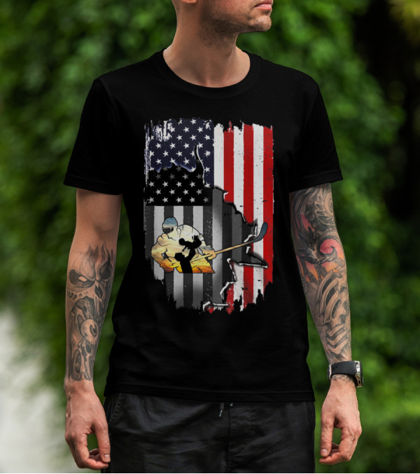 Vintage Hockey Dad American Flag With Hockey Player And USA Flag Background T-Shirt