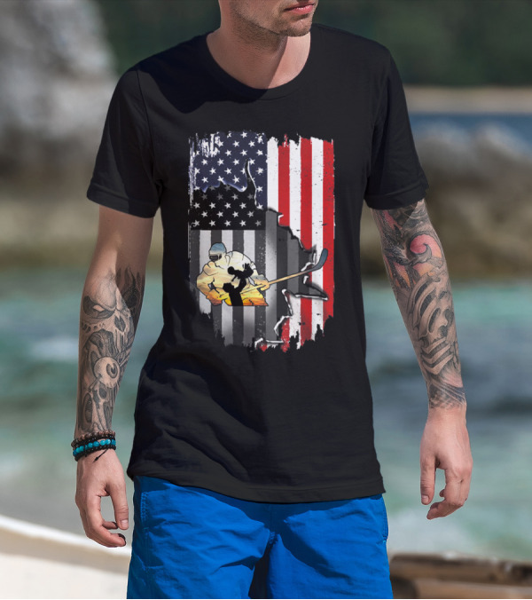Vintage Hockey Dad American Flag With Hockey Player And USA Flag Background T-Shirt