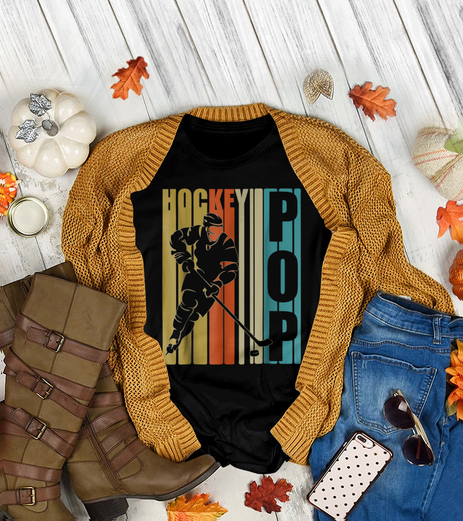 Retro Vintage Hockey Player Bold Stripes American Flag T-Shirt
