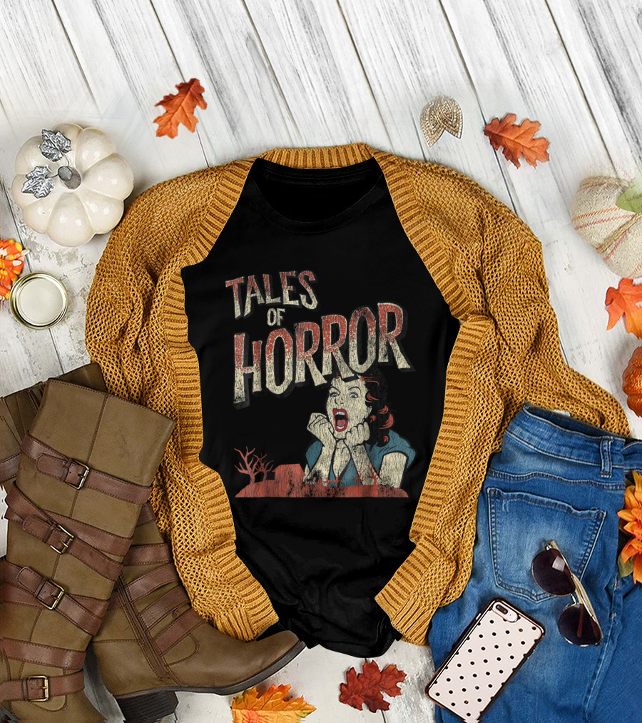 Tales of Horror Vintage Movie Graphic with Screaming Woman and Desolate Landscape T-Shirt