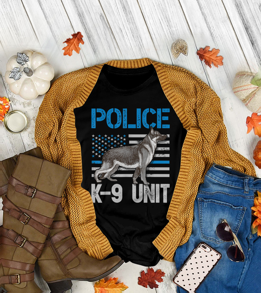 Police K-9 Unit Thin Blue Line American Flag Dog T-Shirt