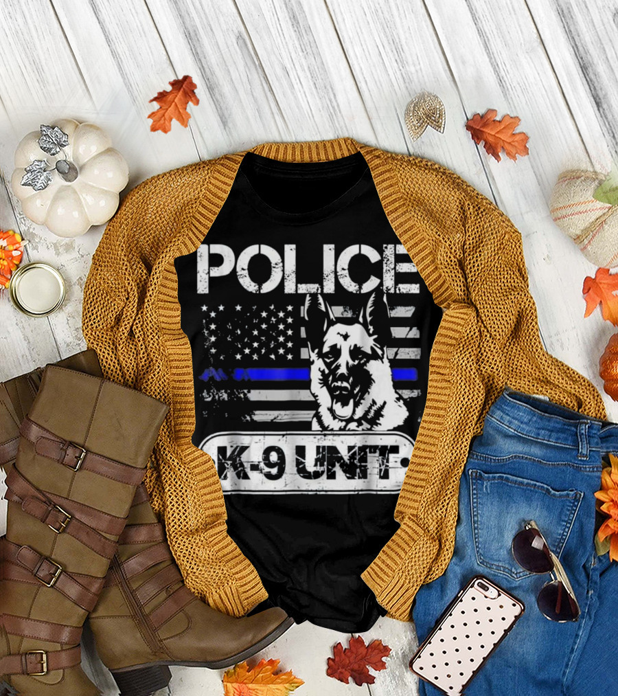 Distressed Police K9 Unit American Flag Thin Blue Line Dog T-Shirt