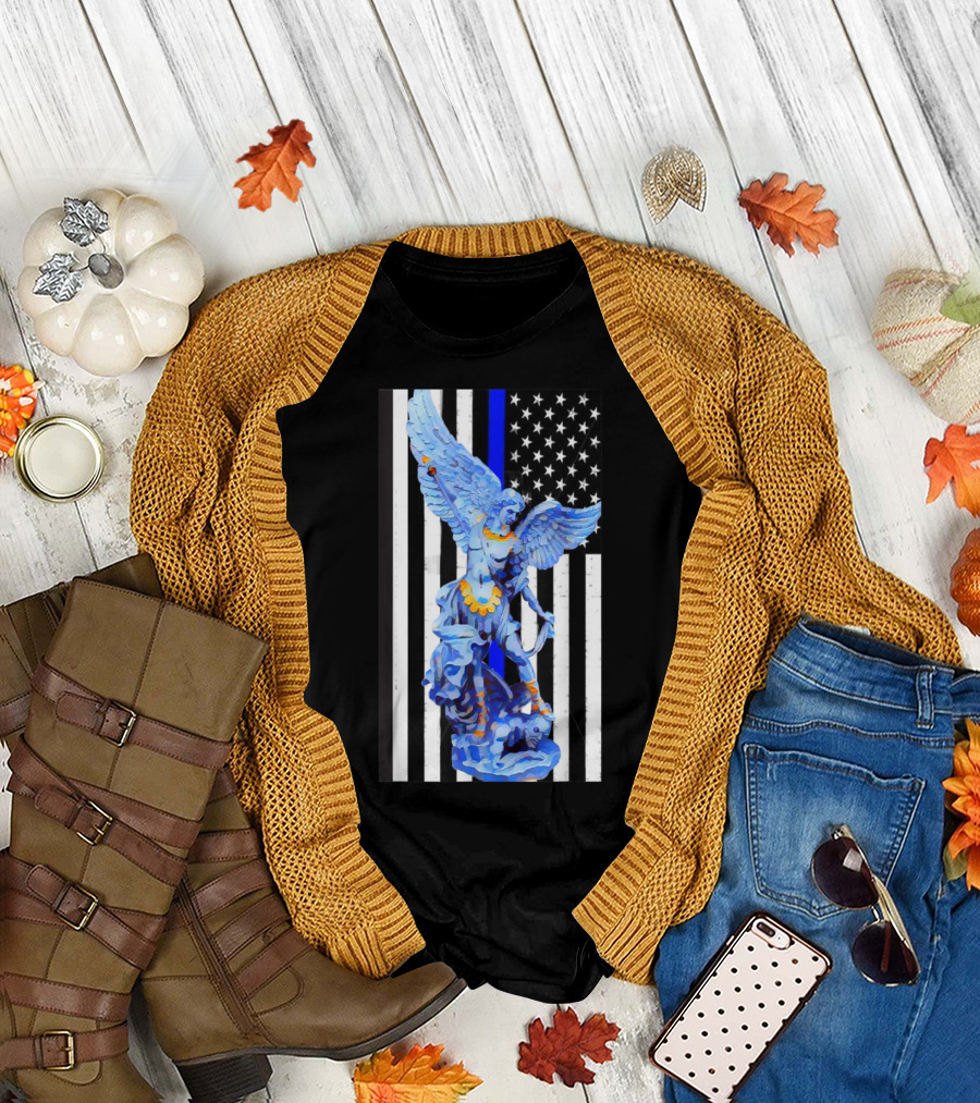 St. Michael Archangel Thin Blue Line American Flag Police Officer T-Shirt