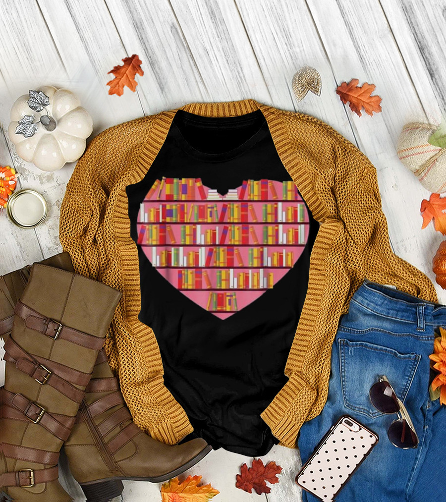 Heart-Shaped Bookshelf Design with Reading Club Librarian Library Love T-Shirt