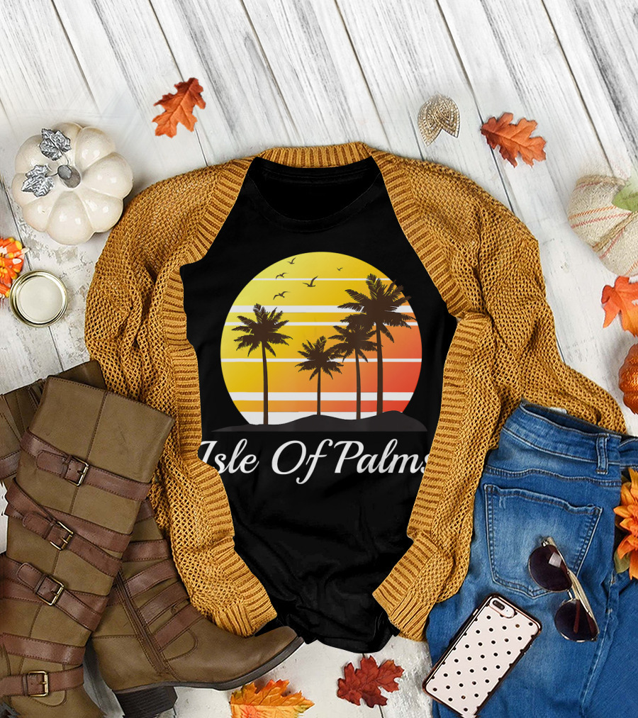 Isle Of Palms South Carolina Palm Trees Sunset Birds Vacation T-Shirt