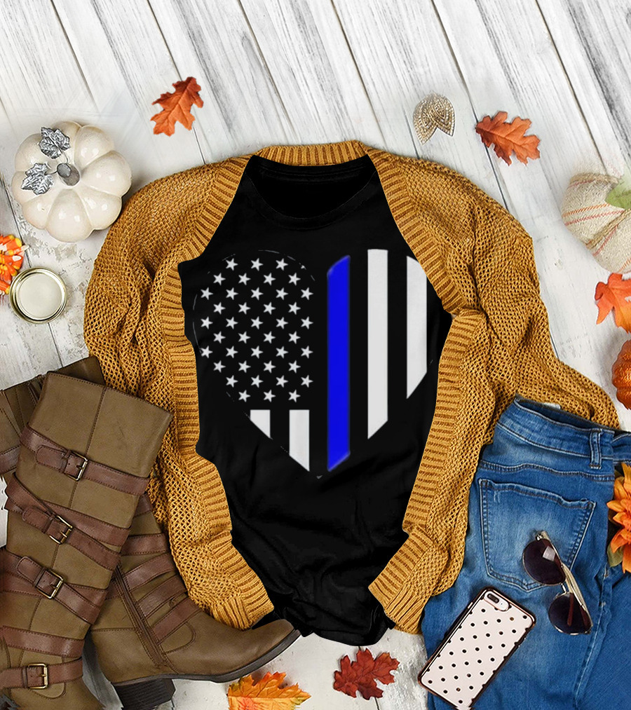 Thin Blue Line American Flag Heart Love Our Police Officer T-Shirt
