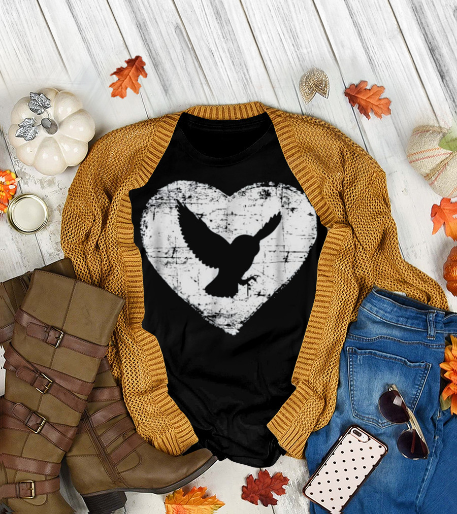 Grunge Heart Silhouette of Barn Owl in Flight T-Shirt