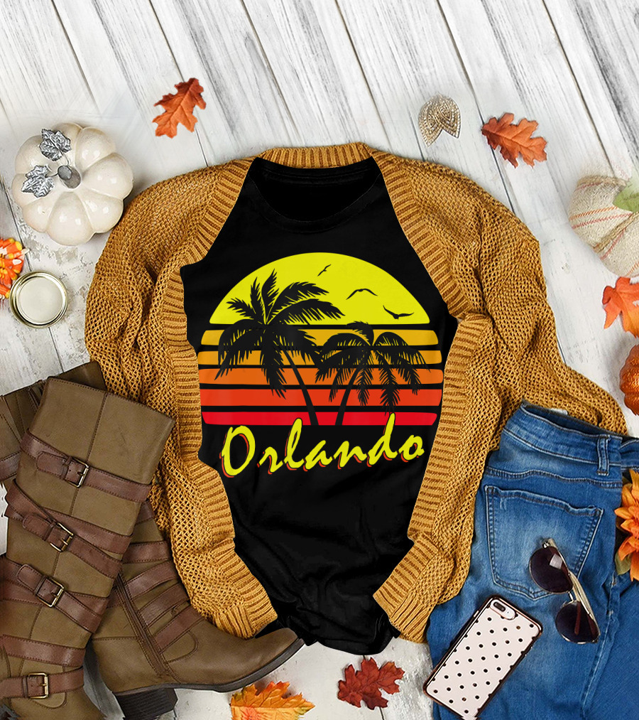 Orlando Sunset Palm Trees with Birds and Vibrant Stripes T-Shirt