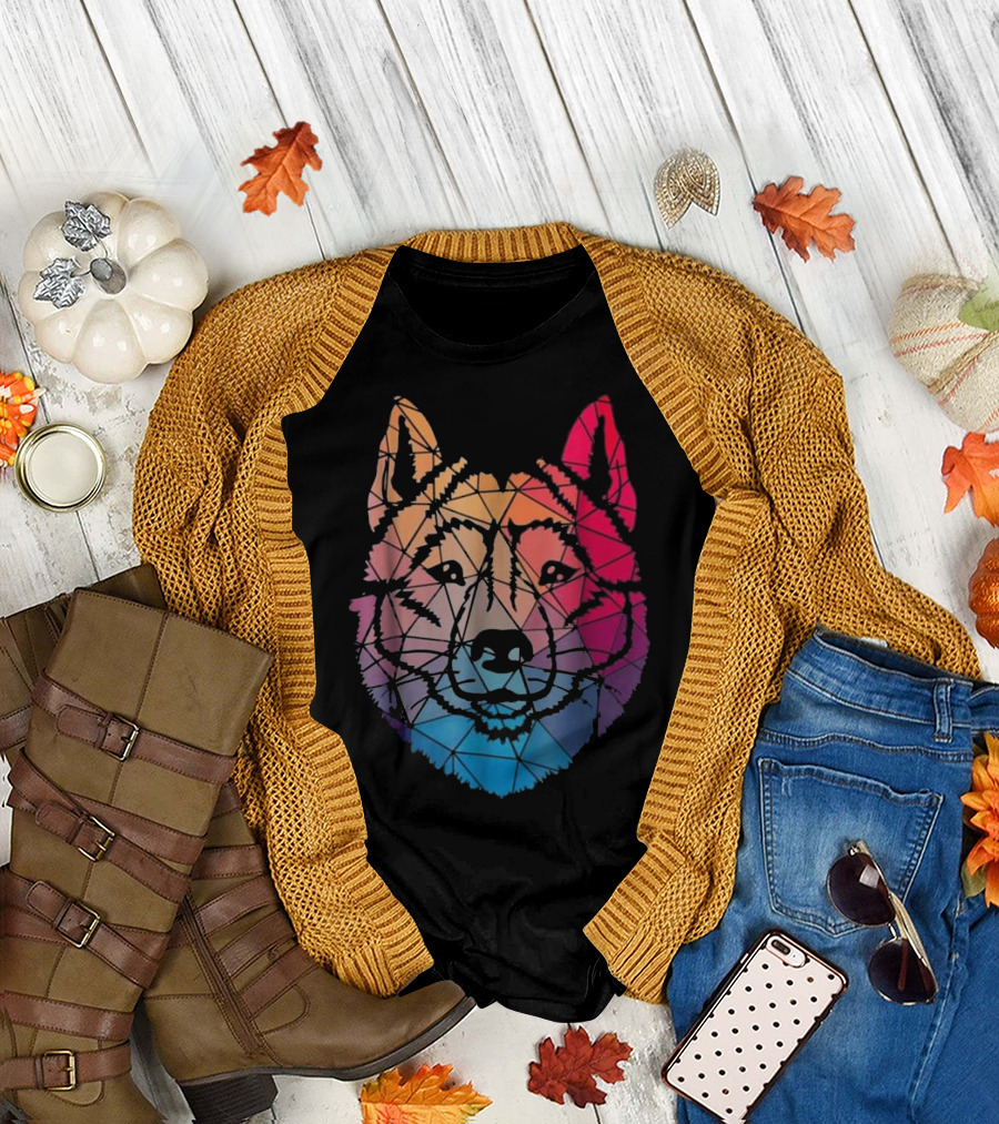 Siberian Husky Rainbow Geometric Pattern T-Shirt