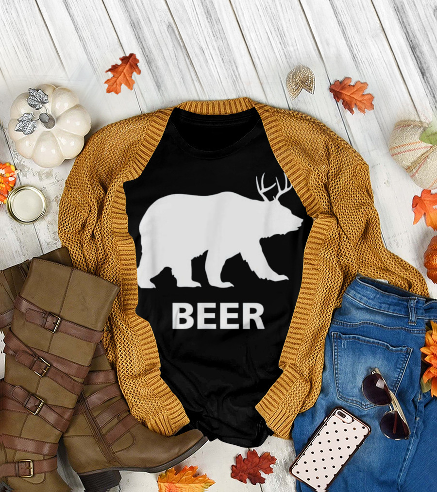 Bear Silhouette with Deer Antlers and Beer Text T-Shirt