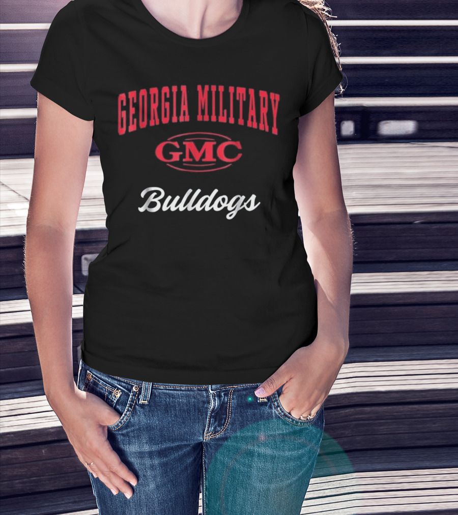 Woman with hands in pockets wearing Georgia Military GMC Bulldogs T-Shirt.