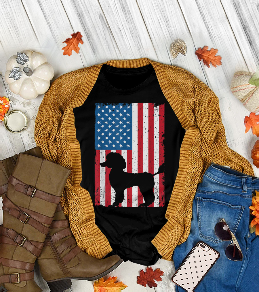 Poodle Silhouette American Flag Patriotic USA T-Shirt