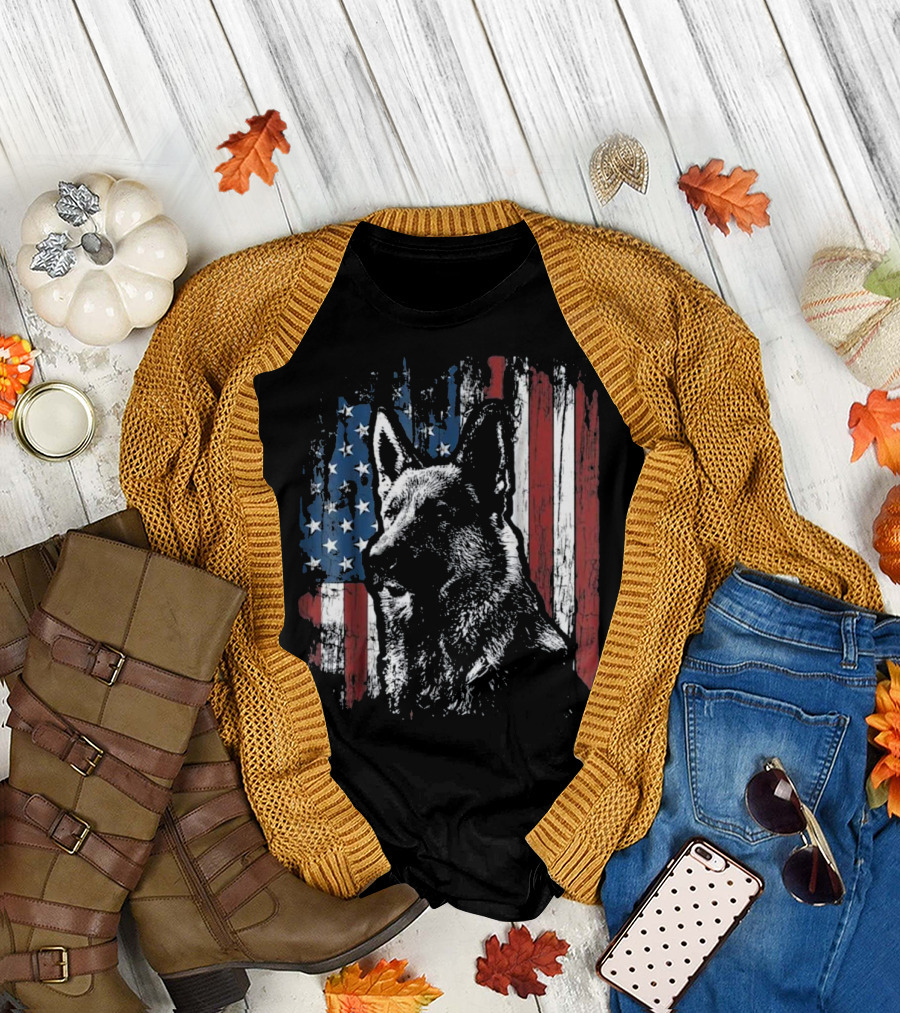 German Shepherd with American Flag Background for 4th of July T-Shirt