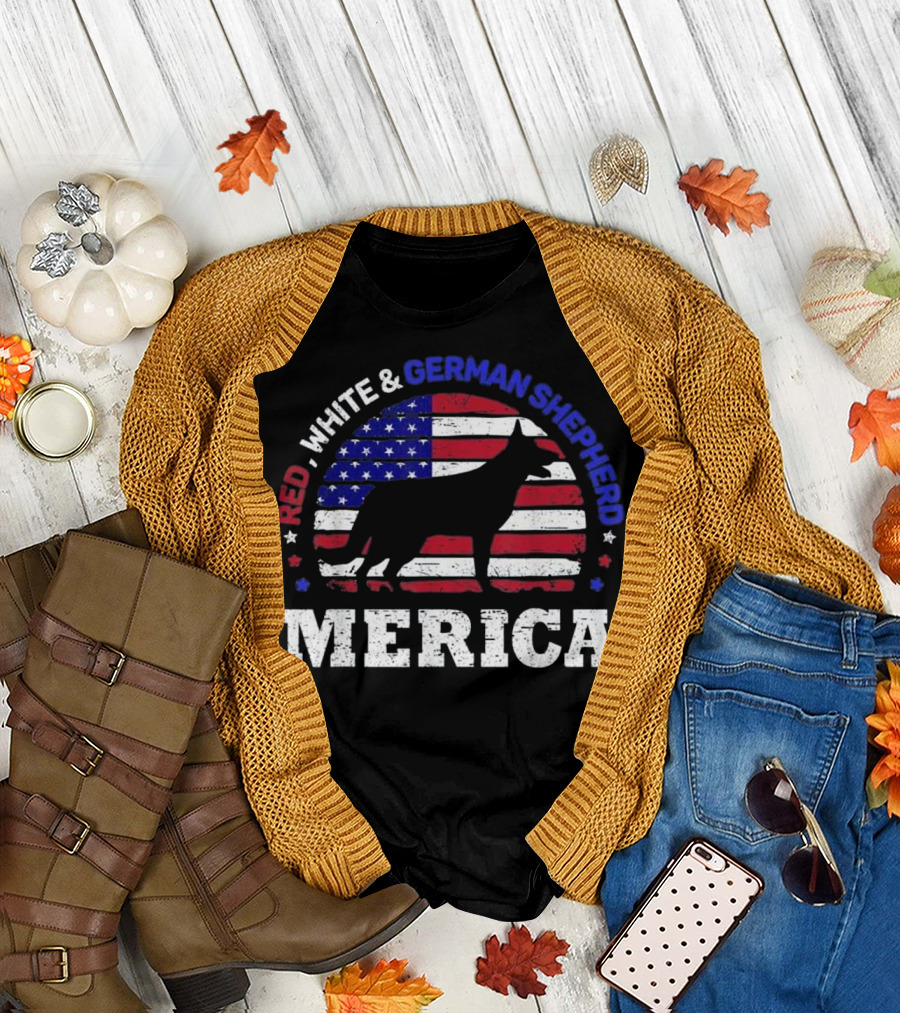 Red White and German Shepherd Merica 4th of July American USA T-Shirt