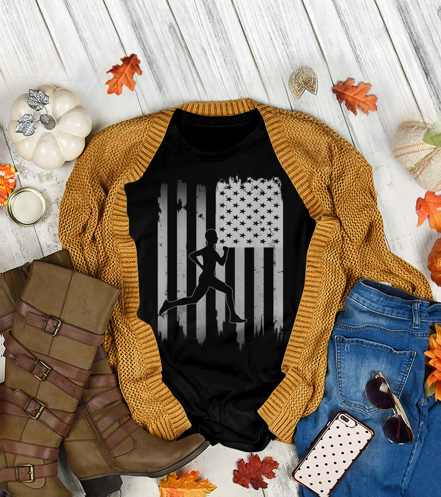 USA Flag Runner Silhouette Distressed Black T-Shirt