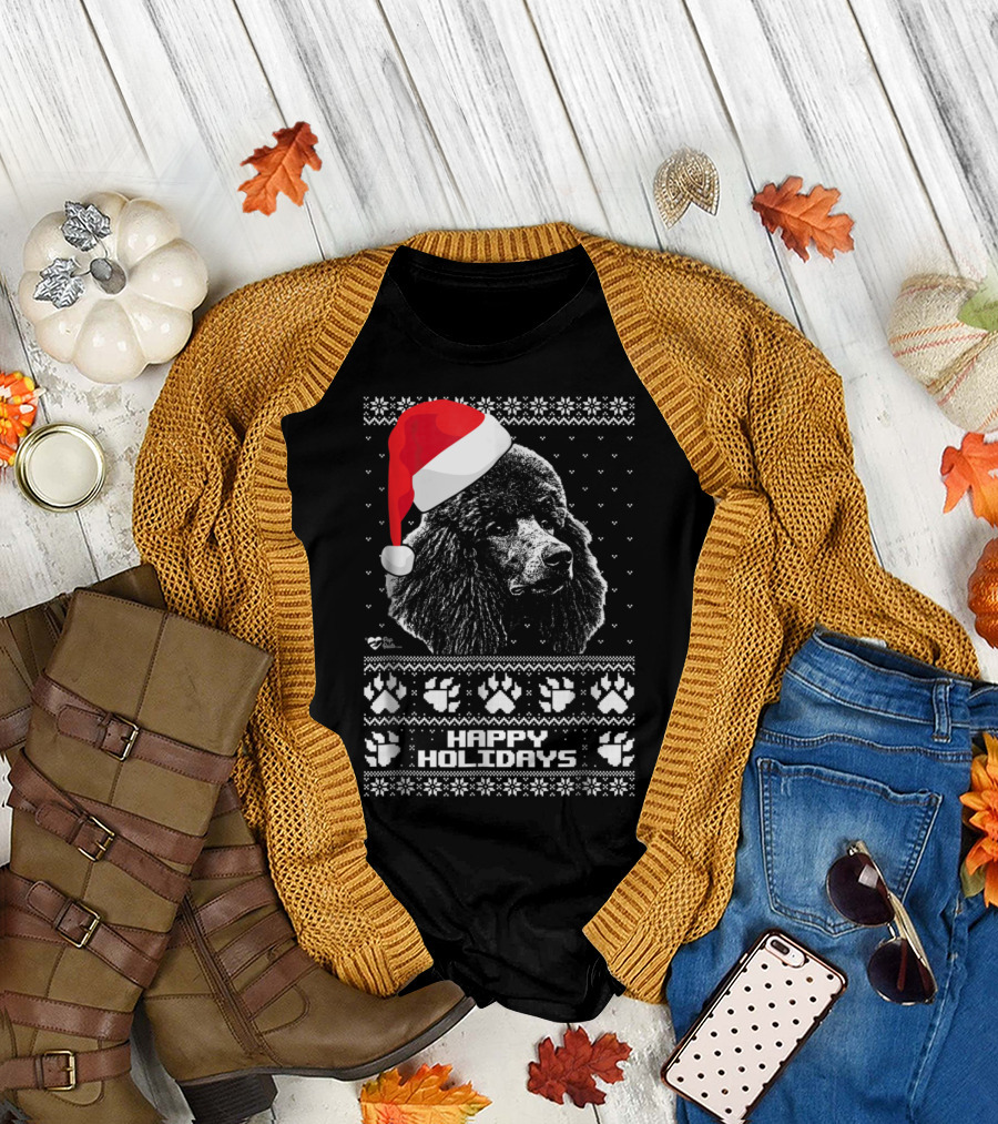 Santa Hat Poodle Happy Holidays Christmas Sweater Paw Prints T-Shirt