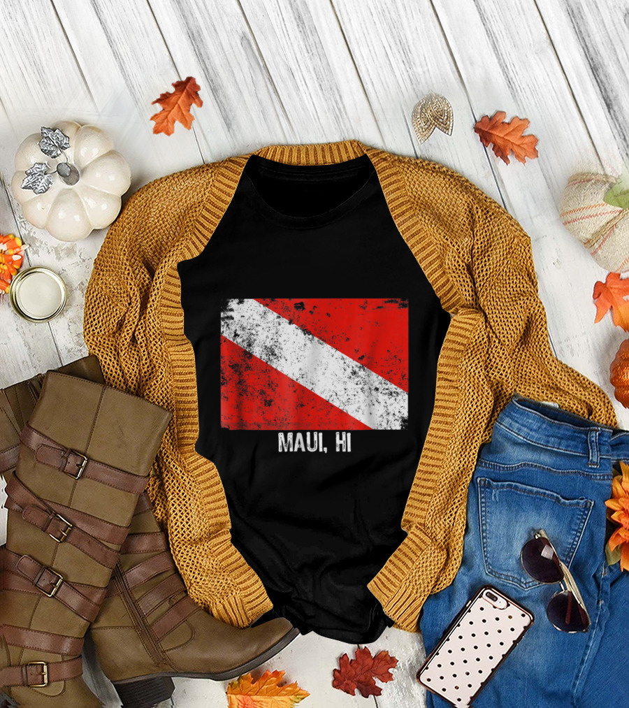 Vintage Maui HI Red White Scuba Diving Flag T-Shirt