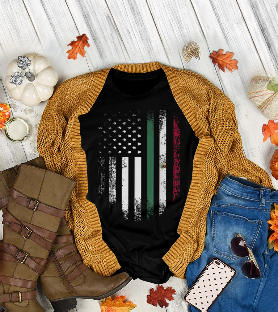 Vintage Mexican Roots American Grown Flag Half USA Half Mexico Colors T-Shirt