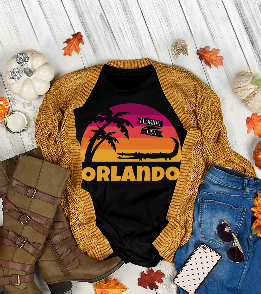 Orlando Florida USA Sunset Palm Trees and Alligator T-Shirt
