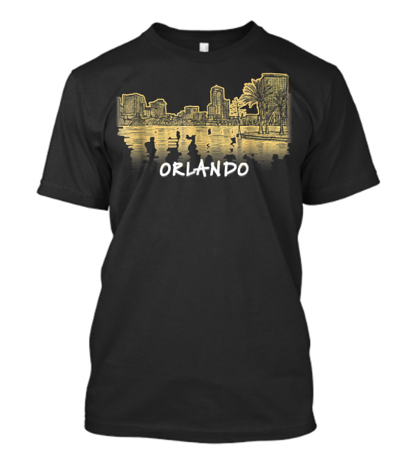 Orlando Florida Skyline Panorama Drawing With Golden Reflections T-Shirt