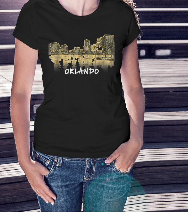 Orlando Florida Skyline Panorama Drawing With Golden Reflections T-Shirt