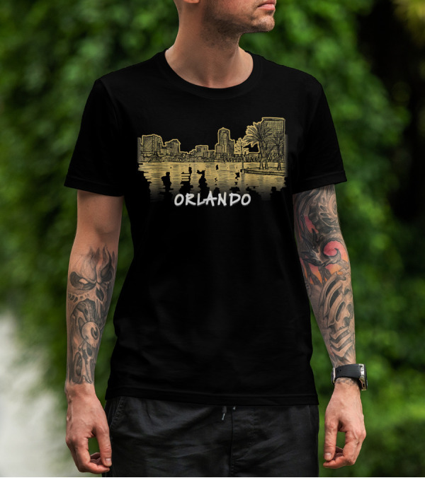 Orlando Florida Skyline Panorama Drawing With Golden Reflections T-Shirt