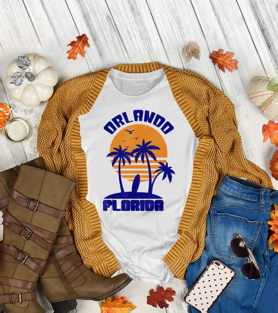 Orlando Florida Beach Surfing Sunset with Palm Trees and Surfboard T-Shirt
