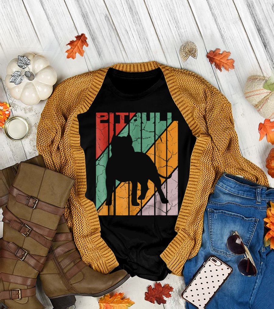 Vintage Pitbull Silhouette Retro Color Stripes T-Shirt