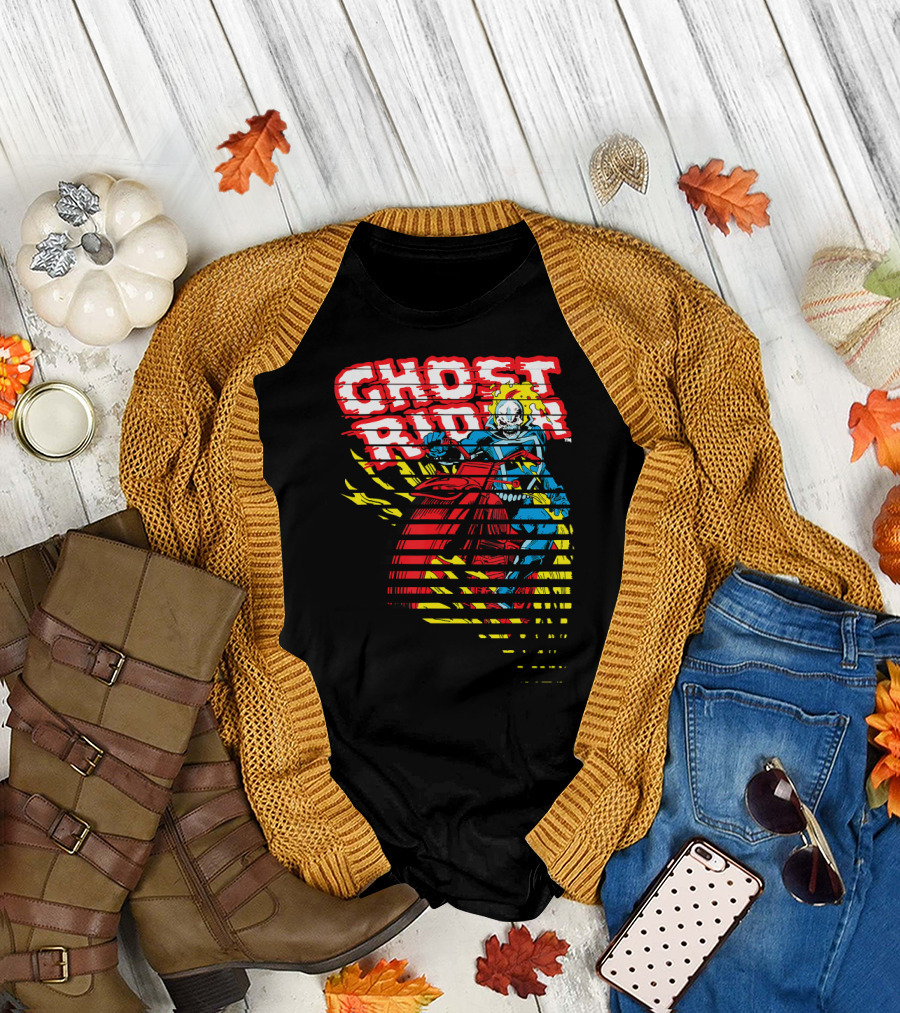 Ghost Rider Motorcycle on Fire Bold Text Dynamic Flames T-Shirt