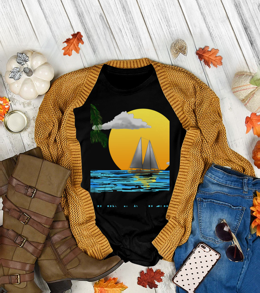 Sailing Catalina Island California Sunset Palm Ocean Scene T-Shirt