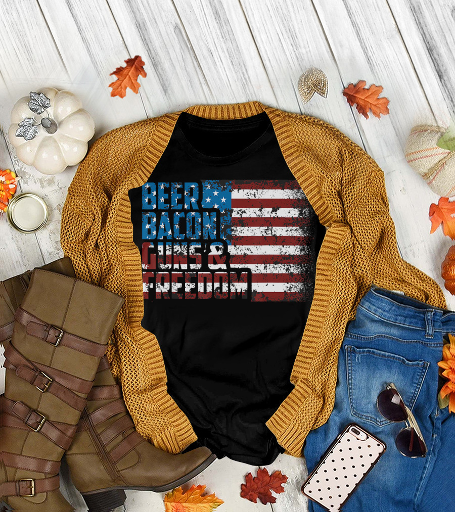 Beer Bacon Guns and Freedom USA Flag Vintage T-Shirt