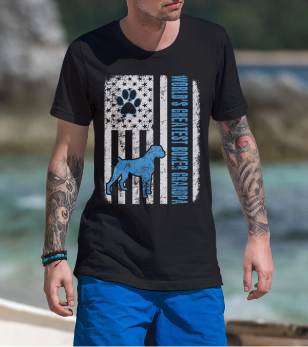World's Greatest Boxer Grandpa American Flag And Dog Paw T-Shirt
