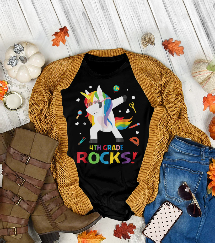 4th Grade Rocks Dabbing Rainbow Unicorn with School Supplies T-Shirt