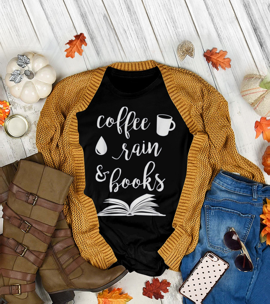 Coffee Rain and Books Mug Bookworm Open Book Pages T-Shirt