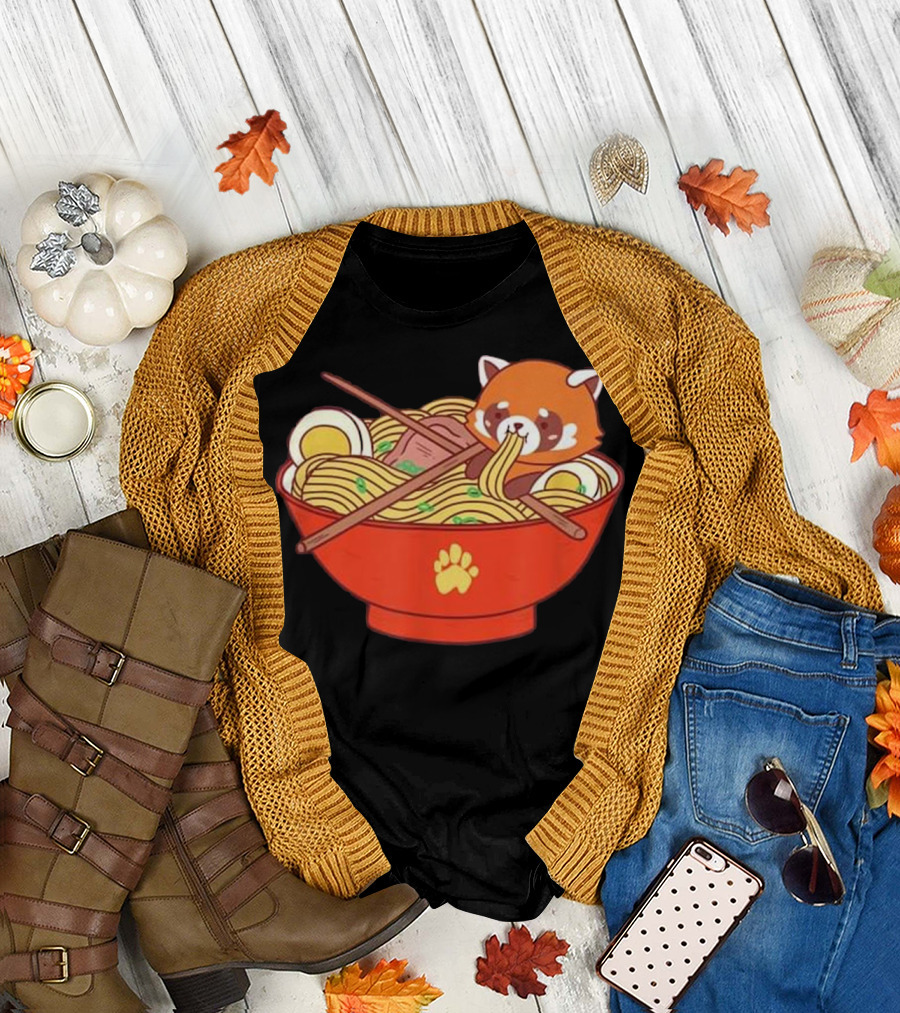 Red Fox Enjoying Ramen Noodles in Red Bowl with Paw Print and Chopsticks T-Shirt