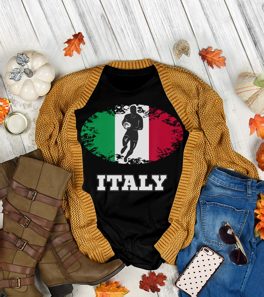 Italy Rugby Passion Icon with Tricolor Flag and Player Graphics T-Shirt