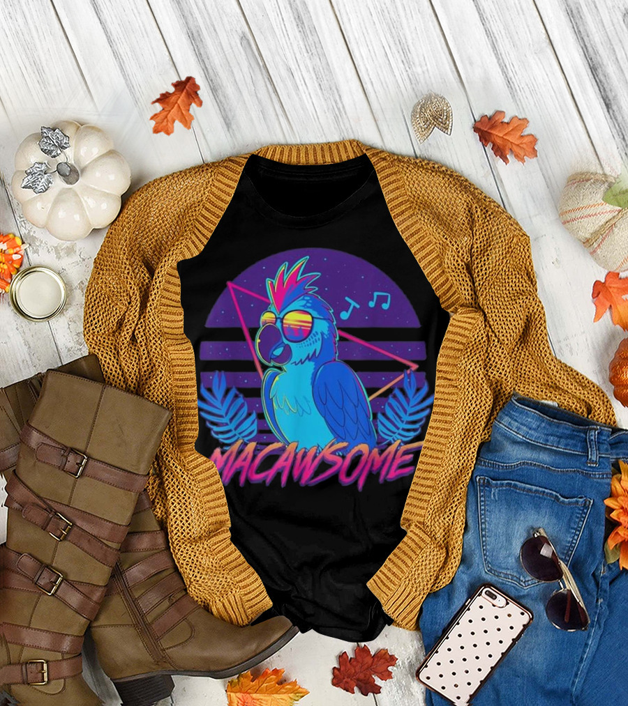 Macawsome Neon Macaw Parrotwave 80s Retro Music Vibes T-Shirt